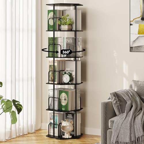 SUNMORY 5 Tier Rotating Bookshelf Tower, Revolving 360 ° Spinning Bookcase | Hexagonal Corner Book Shelf Storage Carousel, Vertical Rotate Turning Organizer Book Shelves for Living Room Office Bedroom - color: Black, size: 5 Tier