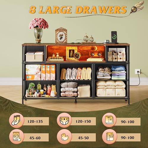 WLIVE LED Dresser TV Stand for 55 Inch TV, 8 Drawers, Pattern | Fits TVs up to 55 inch, 8 fabric drawers, LED chest of drawers, Built-in power outlet, Living room or bedroom - color: Pattern