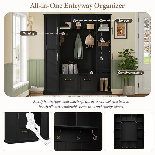 JIVOIT Farmhouse Hall Tree with 4 Side Cabinets, Adjustable Shelves & Open Cubbies, All-in-One Mudroom Furniture, Beadboard Entryway Bench with Coat Rack & 5 Hooks for Hallway (Black,152) - color: Black,152