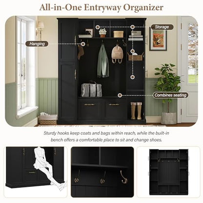 JIVOIT Farmhouse Hall Tree with 4 Side Cabinets, Adjustable Shelves & Open Cubbies, All-in-One Mudroom Furniture, Beadboard Entryway Bench with Coat Rack & 5 Hooks for Hallway (Black,152) - color: Black,152