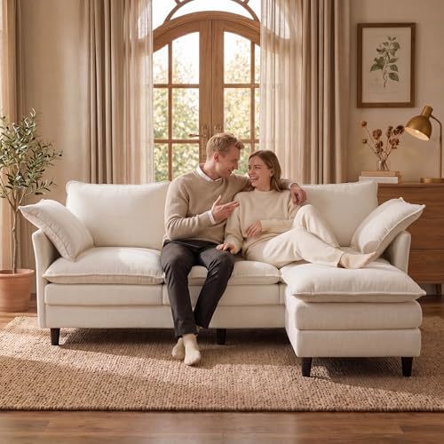 Convertible Sectional Sofa, 69" Small Cloud L-Shaped 3-Seat Couch with Movable Ottoman & Curved Armrest, Modern Chenille Fabric for Living Room, Apartment and Small Space, Beige - color: Beige, size: 3-Seat with Ottoman