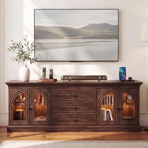 JUMMICO 63 Inch LED TV Stand with Charge Station for 70 Inch TV (Walnut) | Farmhouse Media TV Console with Fast Power Outlets, 2 Storage Cabinets & 3 Drawers, Entertainment Center for Living Room - color: Walnut, size: TV Stand with Charge Station