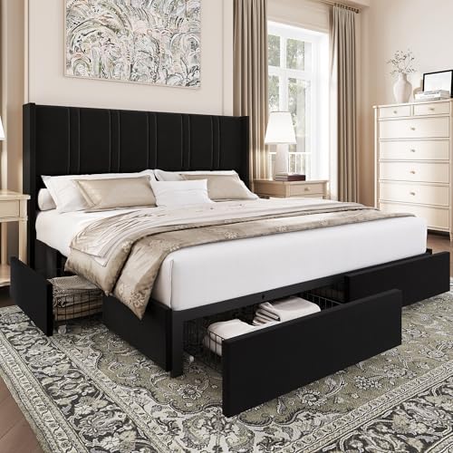 King Size Velvet Platform Bed Frame, Black | 4 Storage Drawers, Wingback Headboard, No Box Spring Needed, Easy Assembly - color: Black, size: King