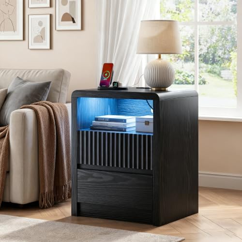 LYNSOM Fluted LED Nightstand Set of 2, Charging Station & 2 Drawers, Black | Mid Century Modern Night Stand with Stoarge, Wood Bedside End Table with Curved Edge for Bedroom, Living Room, Office, 20" W - color: Black, size: 2 Drawers