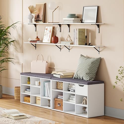 Shoe Storage Bench with Cushion, 31.5" Cubby Shoe Rack, 9 Cubbies | Entryway Shoe Organizer Bench, Adjustable Shelves for Boots, Removable Washable Cushion, Closet/Hallway/Bedroom/Garage, White - color: White, size: 9 Cubby