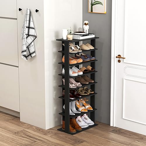 Tangkula 8-Tier Vertical Shoe Rack, Space-Saving Corner Shoe Organizer for 14 Pairs, Narrow Shoe Storage for Entryway, Front Door, or Closet - color: Black, size: 10" x 18.5" x 43.5"
