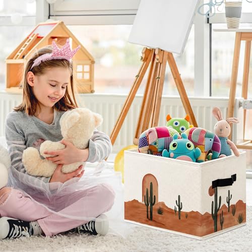 Boho Southwest Cactus Cube Storage Bins, Vinatge Western Collapsible Storage Boxes with Handles, Southwestern Boho Sun Organizer Bins for Laundry Bedroom Living Room, 14.2x10.6x10.6in