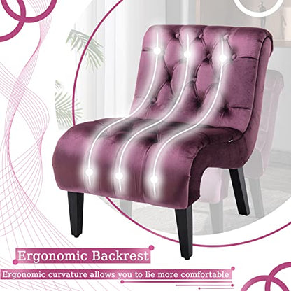 Comfy Velvet Accent Chair, Tufted Armless Side Chair with Rolled Edge | Modern Small Lounger for Living Room, Upholstered Reading Chaise Lounge with Solid Rubber Wood Legs, Purple - color: Purple, size: Set of 1