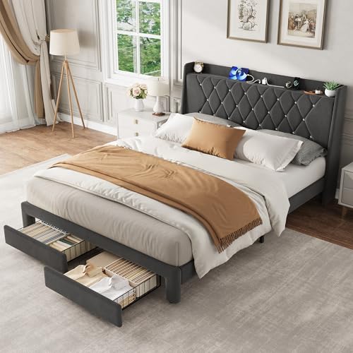 Garvee Queen Bed Frame with Storage, Velvet Upholstered Platform Bed Frame with Crystal Tufted Headboard, Charging Station, 2 Drawers, No Box Spring Needed, Noise-Free,for Bedroom, Dark Gray | Velvet Upholstered Platform Bed Frame with Crystal Tufted Head