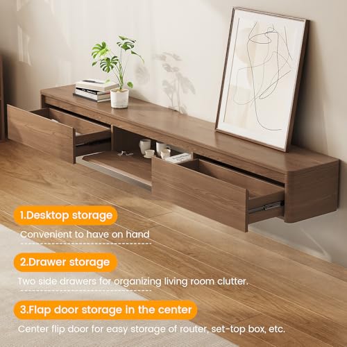 67.32" Floating TV Stand for TVs Up to 80", Walnut | Wall-Mounted Farmhouse Media Console with 3 Storage Drawers, Ideal for Living Room or Bedroom