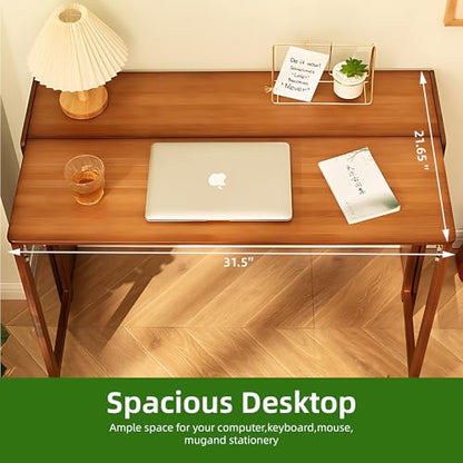 HRVEOCEI Bamboo Fold Out Desk with Storage, Mid Century Hideaway Desk for Small Spaces, Folding Computer Desk for Home Office Bedroom Apartment, Space Saving (Light Walnut) - color: Light Walnut