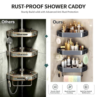 3-Tier Corner Shower Caddy, Rustproof Shower Shelf, Adhesive/Drill | Adhesive/drill, Fits tile/marble/glass, 6 hooks & towel bar, for renters & apartments, kitchen, laundry, grey