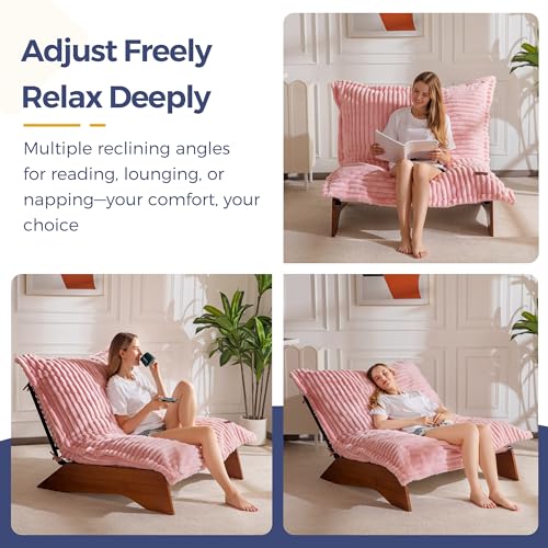 MAXYOYO Adjustable Living Room Chair, 3-Position Bean Bag Chair with Frame | Upholstered Accent Chair with Frame, Removable Cushion, Soft Reclining Lounge for Bedroom, Apartment, Office, Pink - color: Striped Cross Pink