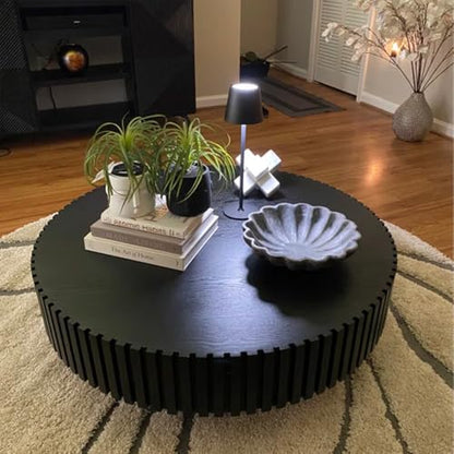31.49'' Black Round Coffee Table for Living Room, Modern Wood Nesting Coffee Table Handcraft Circle Fluted Drum Coffee Table, Easy Assembly,Black - color: Black, size: 31.49"x17.91"x13.77"