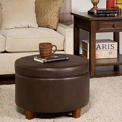 HomePop 24" Round Leatherette Storage Ottoman - Chocolate Brown - color: Brown Faux Leather