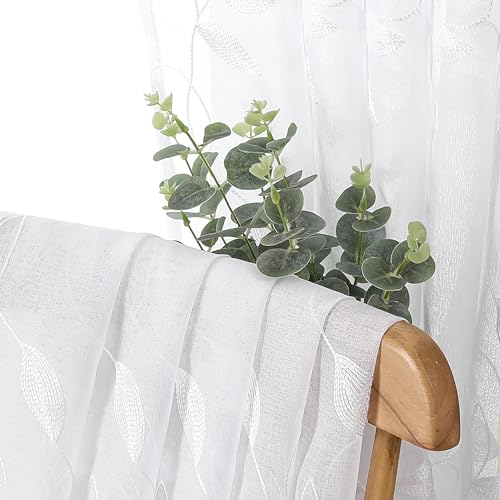 Tollpiz White Leaf Sheer Tier Curtain Kitchen 30 x 36 Inches | Leaves Embroidered Curtains Rod Pocket Voile Bathroom Window Treatment for Cafe, Set of 2 Panels - color: White, size: 30"W x 36"L (Pack of 2)