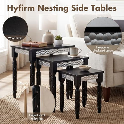 Hyfirm Black Nesting Tables Set of 3 - Mid Century Modern Accent End Tables with Durable Veneered Top, Spiral Wood Legs & Hexagonal Silver Apron, Ideal for Living Room, Bedroom & Small Apartments - color: Black Top+silver Apron