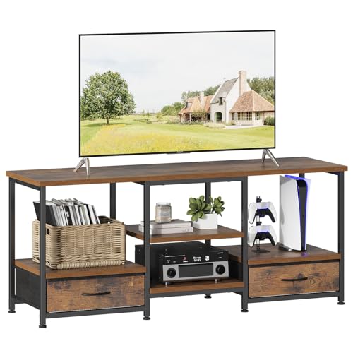 DUMOS 47" TV Stand with Fabric Drawers for 50 55 Inches TV | Entertainment Center and Industrial TV Console Table with Open Storage Shelves for Living Room, Bedroom, Rustic Brown - size: 15.8"D x 47.2"W x 21.7"H