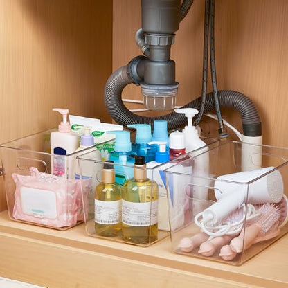 YIHONG 4 Pack Clear Storage Bins, Pantry Organizer Bins with Handle, XL | Plastic Bins, Pantry Storage Containers for Kitchen, Freezer, Cabinet, Closet, Bathroom, Under Sink Organizers and Storage - size: XL(13"L x 7.4"W x 7"H)