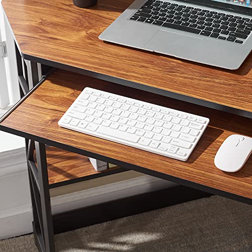 VECELO Corner Desk Computer Desk Writing Table with Smooth Keyboard Tray & Storage Shelves,Compact Home Office Triangle Table,Teak