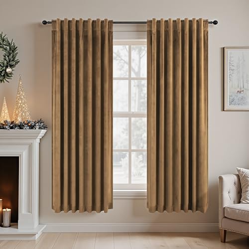 Pitalk Velvet Room Darkening Curtains Gold Brown for Living Room Divider Silk Satin Textured Thermal Soundproof Noise Reducing Drape for Master Bedroom Aesthetic Office Back Tab 72 Inch Length 2 Panel - color: Gold Brown, size: 52"W x 72"L (Pack of 2)