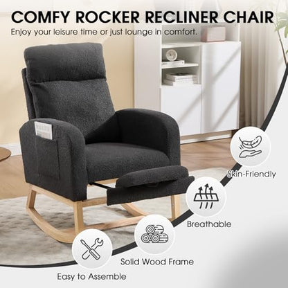 Rocking Chair Nursing, Rocker Chair with Footrest (Grey) | Teddy Boucle Upholstered Accent Reading Chair with High Back & Side Pocket for Living Room Bedroom Nursery Office - color: Grey