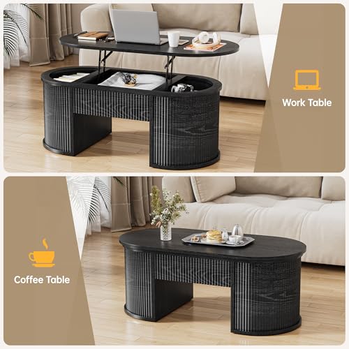 47.2" Oval Fluted Lift Top Coffee Table with Hidden Compartment, Black | Lifting Tabletop,Timeless Fluted Wood Aesthetic,Spacious Hidden Storage,Supporting up to 150 lbs - color: Black