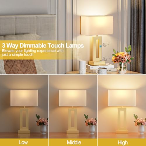 Gold Table Lamps Set of 2, 16.4" Bedside Lamps for Nightstand with USB C+A | 3 Way Dimmable, Touch Night Stand Lamp with Charging Station for Beroom, Dorm, Living Room, Desk, LED Bulb Included - color: A. White&Gold, size: Medium(16.4in)