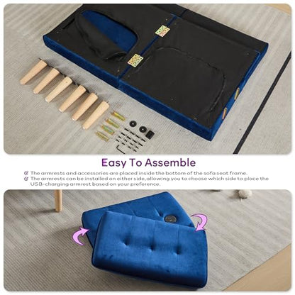 65'' Convertible Futon Sofa Bed with USB, Small Couch for Living Room | Sleeper Sofa and Loveseat, Adjustable Folding Couch with Tufted Design and 2 USB Ports, Bedroom Apartment Office, Blue - color: Blue