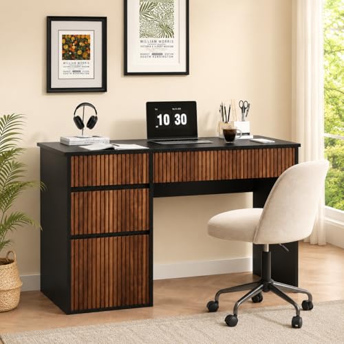 4 EVER WINNER Computer Desk with Drawers, 48 Inch Fluted Small Desk with Storage for Small Spaces, Wood Home Office Desk for Study, Living Room, Bedroom, Black - color: Black, size: 48 Inch