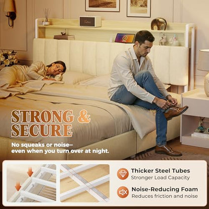 Bed Frame King Size with Upholstered Headboard & Charging Station, King Bed Frame with 4 Storage Drawers, 2-Tier Open Shelves, No Box Spring Needed, Slient Foam Strip, Easy Assembly, Beige - color: Beige, size: King