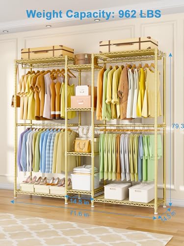 E4 Clothes Rack, Heavy-Duty Garment Rack Can Be L-Shaped Closet, Gold | Metal Freestanding Clothing Organization Storage System with Shelves and Hangers, Load 962lbs, 70.8"W x 14.5"D x 79.3"H - color: Gold