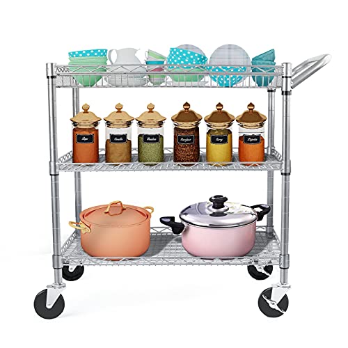 Heavy Duty 3 Tier Utility Cart,Wire Rolling Carts with Wheels, Commercial Grade Service Cart with Shelving Liners and Handle Bar Metal Carts for Kitchen Office Hardware - color: 990lbs Capacity Silver