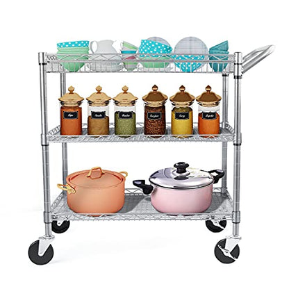 Heavy Duty 3 Tier Utility Cart,Wire Rolling Carts with Wheels, Commercial Grade Service Cart with Shelving Liners and Handle Bar Metal Carts for Kitchen Office Hardware - color: 990lbs Capacity Silver