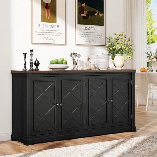 63 Inches Buffet Cabinet with Storage, Large Sideboard Cabinet with 4 Barn Doors, Adjustable Shelves, Wood Coffee Bar Station for Kitchen, Living Room, Black - color: Black