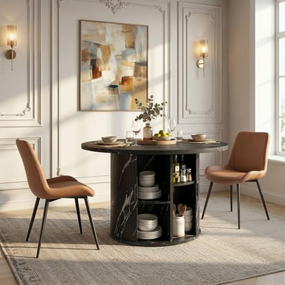 3-Piece Round Dining Table Set for 2, 47-Inch Modern Faux Marble Dining Table with Half-Open Storage Shelf, Upholstered Dining Chairs with Thick Cushions (Black Faux Marble Table + 2 Brown Chairs) - color: Black Faux Marble Table + 2 Brown Chairs-196, siz