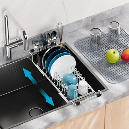 Small Sink Dish Drying Rack - Stainless Steel in Sink Dish Rack for RV Camper, Expandable Kitchen Counter Drainer with Utensil Holder, 13.2''-19.1" L x 6.5" W x 4.3" H, Silver