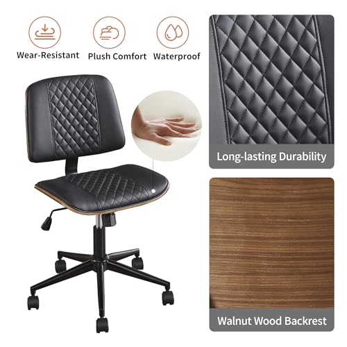 VipDesk Modern Black Home Office Chair – Armless Mid-Back Desk Chair with PU Leather, Adjustable Height, Swivel Wheels, Walnut Wood Finish, Perfect for Small Spaces - color: Black, size: MCM Style
