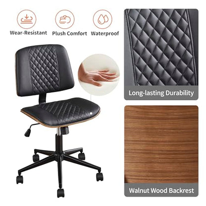 VipDesk Modern Black Home Office Chair – Armless Mid-Back Desk Chair with PU Leather, Adjustable Height, Swivel Wheels, Walnut Wood Finish, Perfect for Small Spaces - color: Black, size: MCM Style