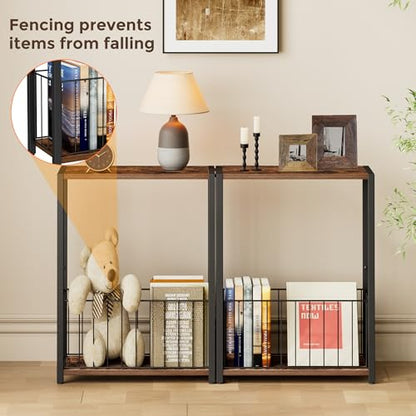 Homleke Narrow Side Table with Magazine Holder, Skinny End Table | Space-Saving Design, Small Spaces, Storage Shelf, Metal Frame, Easy Assembly, 7.1" D x 16.9" W x 23.6" H, Rustic Brown - color: Rustic Brown - Standard
