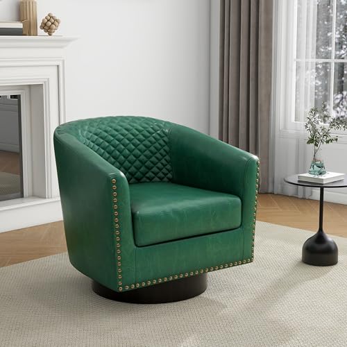 Faux Leather Swivel Accent Chair, Modern Barrel Club Armchair, Green | Comfy Living Room Chair, Modern Nailhead Trim Round Armchair Bedroom Reading Seat with Removable Cushion, Wood Frame - color: Retro Green