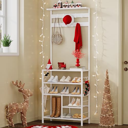 GiftGo Modern White Large 5-Tier Hall Tree Entryway Wooden Shoes Rack Shelf Coat Rack with Movable 9 Metal Hooks Storage Organizer for Home Office Bedroom Mudroom Living Room - color: White