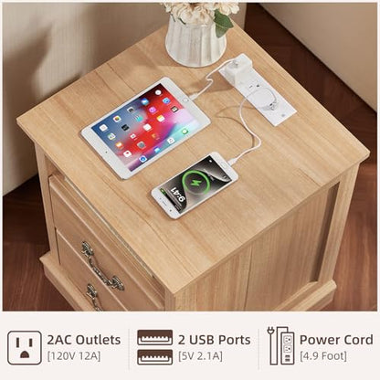 Farmhouse Night Stand with Charging Station, Natural | 2 Drawers End Tables Bedroom, Nightstand with Rustic Handles & Floor-Standing Thickened Foot & Open Shelf - color: Natural, size: 18"D x 18"W x 24"H (2 Drawers)