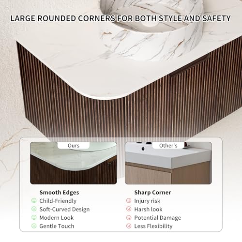 24” Floating Bathroom Vanity with Sink, Fluted Wall-Mounted Solid Wood Cabinet, White Marble-Pattern Ceramic Basin, Faux Marble Top, Soft-Close Drawer, Pre-Assembled, Walnut Woodgrain - color: 03 - Walnut Woodgrain, size: 24"
