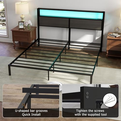 RVONOW King Size Bed Frame with 2-Tier Storage Headboard, Dark Grey | Wooden headboard with LED lights, built-in charging station, No Box Spring Needed, Noise Free, Easy Assembly, Modern Bedroom - color: Dark Grey, size: King