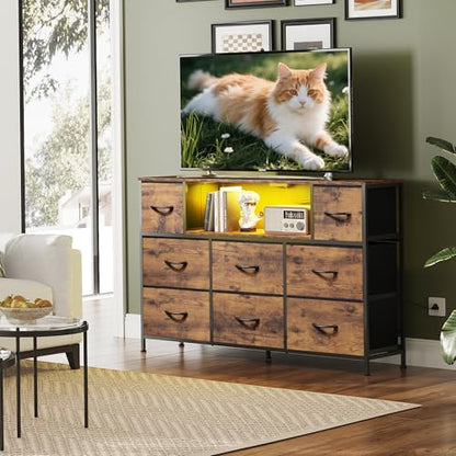 WLIVE LED Dresser TV Stand for 55 Inch TV, 8 Drawers, Rustic Brown | Fits TVs up to 55 inch, 8 fabric drawers, LED chest of drawers, Built-in power outlet, Living room or bedroom - color: Rustic Brown