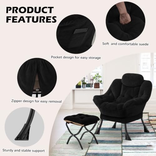 Lazy Chair with Folding Ottoman,Leisure Sofa Chair,Soft Fabric Armchair with Armrests and Side Pockets, Reading Chair with Footrest for Living Room, Bedroom, Office (Plush Black) - color: Plush Black