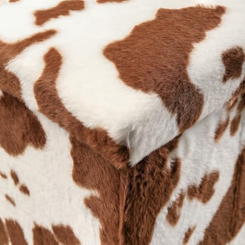 Luxe Faux Fur Storage Ottoman, Cowhide Brown/White, 15 x 15 x 15 in | Engineered Wood, Tool-Free Assembly, Modern Style, Seat And Footrest - color: Cowhide Brown/White, size: 15"D x 15"W x 15"H