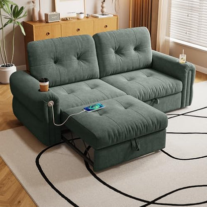 80.4" Queen Sleeper Sofa Bed, 3 in 1 Convertible Pull Out Couch with USB Ports & Cup Holders, Modern Chenille Loveseat Sofabed with Adjustable Backrest for Living Room, Bedroom, Apartment - color: Green, style: Sofabed w/USB &Cup Holders