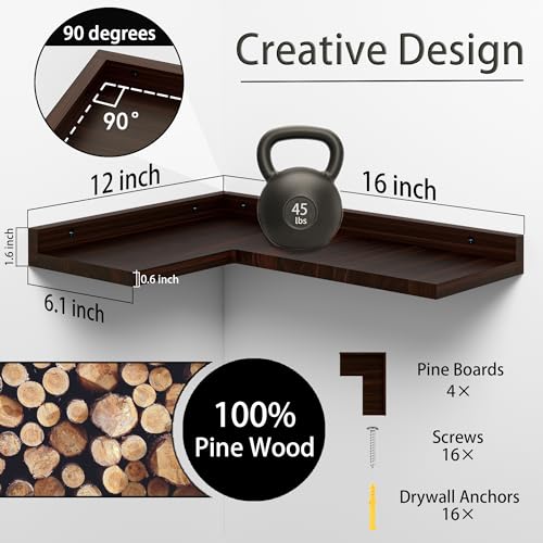 4 Tier Floating Corner Shelves Set of 4, Rustic Pine Wooden Floating Corner Wall Shelf for Wall Décor Storage, L Shaped Corner Shelf Wall Mount For Bedroom, Living Room, Bathroom, Kitchen, Red Brown. - color: Red Brown Floating Corner Shelves